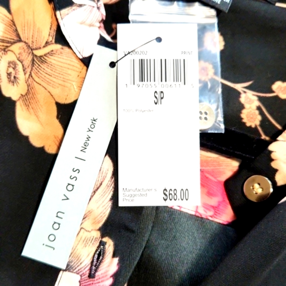NWT Joan Vass Black Floral Mandarin Collar High Low Style Top Size S - Picture 5 of 11